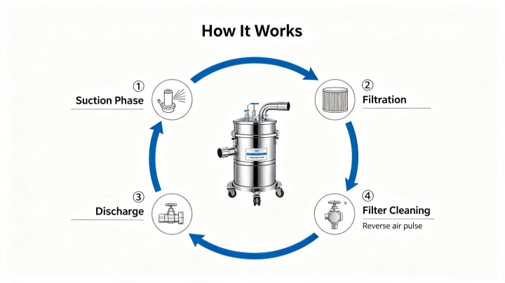 Pneumatic vacuum conveyor working principle diagram suction filtration discharge and reverse pulse cleaning cycle
