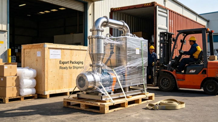 Our factory production workshop for stainless steel pneumatic vacuum conveyor manufacturing Pneumatic vacuum conveyor packed and ready for export shipping to overseas customer