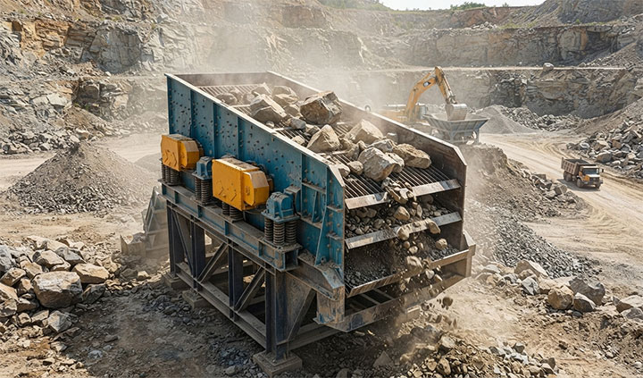 Heavy-duty vibrating scalping screen operating in an open-pit quarry, processing raw rocks and stones
