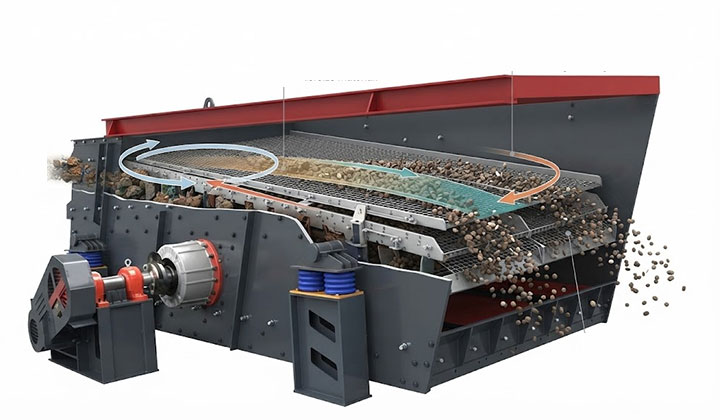 3D cross-section diagram of a heavy-duty scalping screen showing internal eccentric mechanism, material stratification, and vibration trajectory