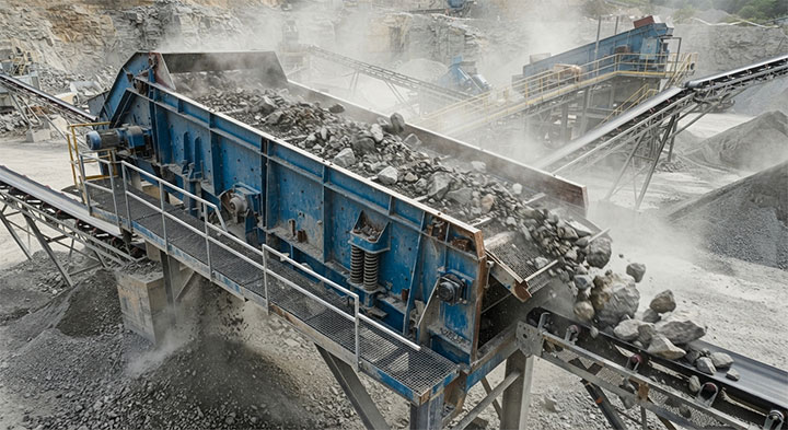 Heavy-duty scalper screen operating at peak capacity processing tons of crushed stone and boulders in a aggregate plant