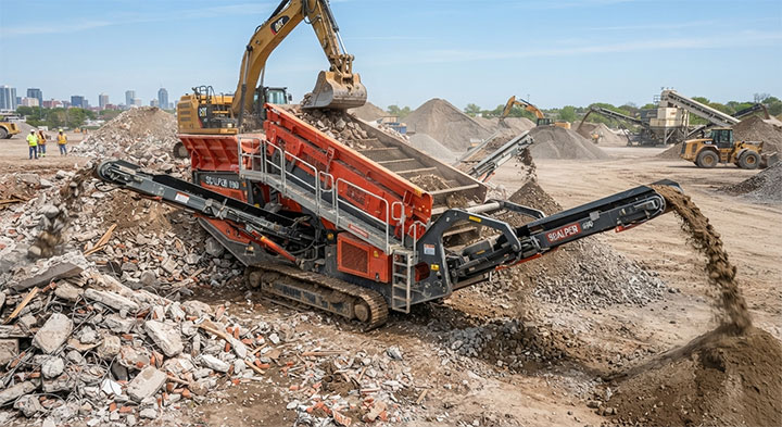 Modern mobile tracked scalping station working on a construction and demolition recycling site with folding discharge conveyors