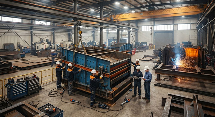Engineers and workers assembling custom industrial vibrating screens and heavy steel frames in a heavy machinery workshop
