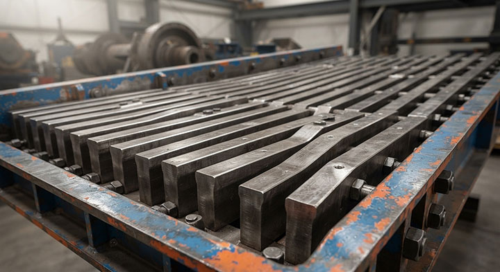 Detailed close-up of a custom-engineered grizzly bar screen deck with hardened steel bars for heavy-duty primary separation