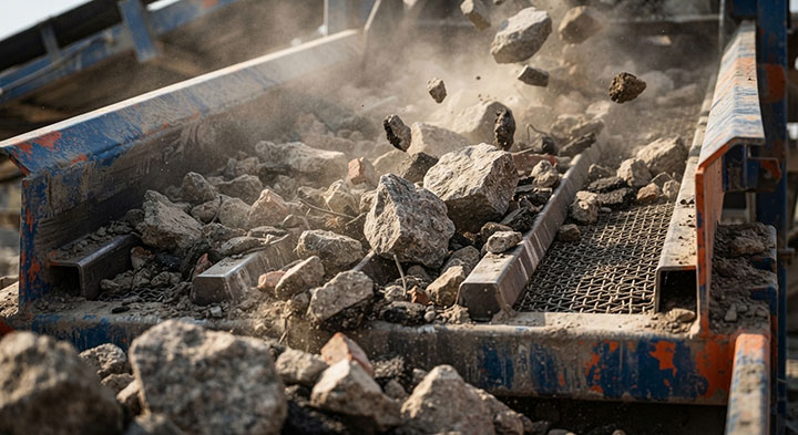 Close-up of abrasive rocks and construction debris cascading and separating across heavy-duty industrial scalper screen bars