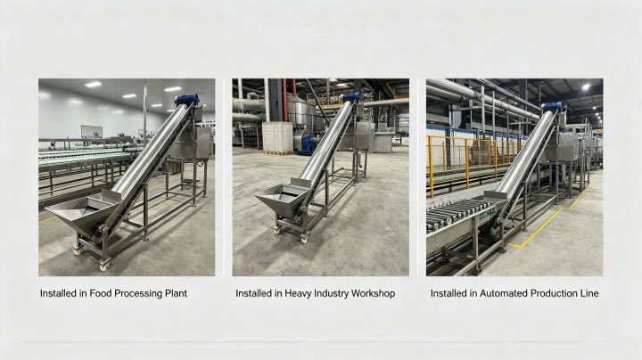 Vibrating spiral elevator installation drawing with dimensional layout and foundation bolt pattern - also showing typical installation in plastic compounding plant