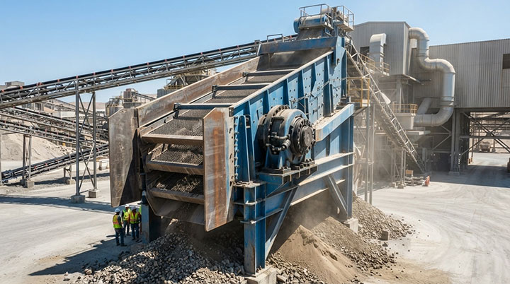 Heavy-duty industrial blue grading and screening machine operating outdoors at a large mineral processing plant with conveyor belts and workers.