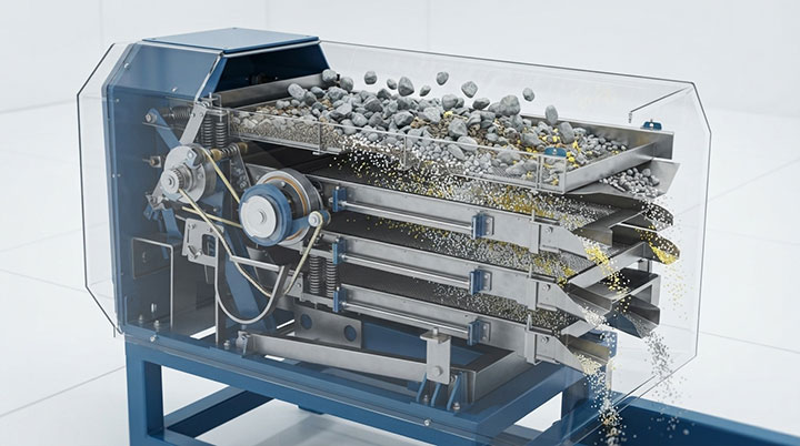 3D engineering cross-section showing material stratification inside an industrial grading machine, with fine particles migrating downward and coarse particles floating on top.