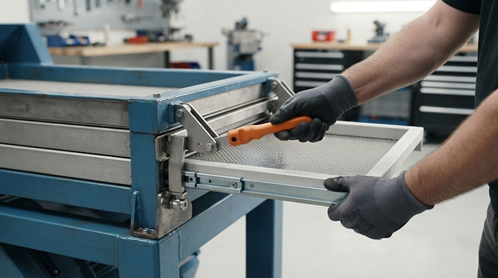 Operator using fast-release clamps to pull out a lightweight modular screen deck from a heavy-duty industrial grading machine for quick maintenance.