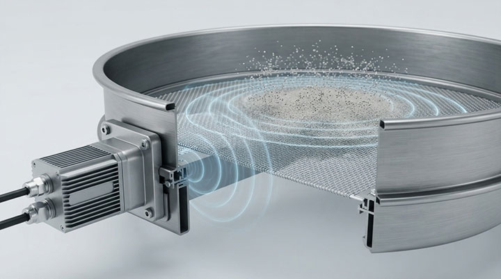 3D engineering cross-section of an industrial sifter showing an ultrasonic transducer applying high-frequency energy to the screen mesh to break electrostatic bonds.