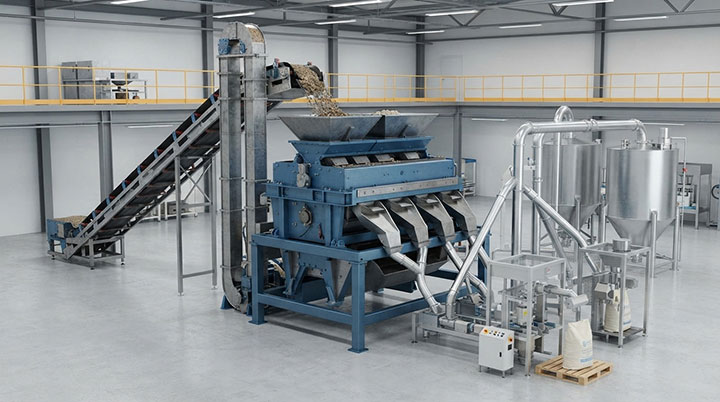 3D industrial engineering diagram showing the integration of a high-capacity grading machine within a complete processing production line with conveyors and silos.