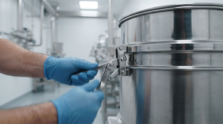 Close-up of operator's gloved hands quickly releasing a sanitary stainless steel toggle clamp on a food-grade industrial sifter to detach the frame for cleaning in a cleanroom facility.