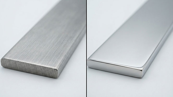 Macro comparison of standard brushed stainless steel (left) vs mirror-polished SUS316L sanitary finish (right) for food processing equipment.