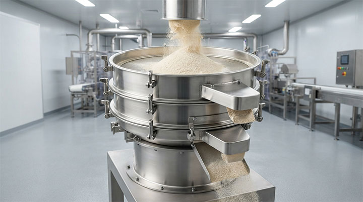 A real industrial stainless steel rotary vibrating sifter operating in a clean modern food processing plant to screen fine food powder.