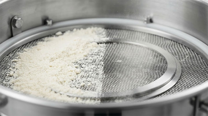Macro engineering detail inside food-grade sifter showing milk powder clogging mesh (left) versus ultrasonic de-blinding action clearing apertures (right).