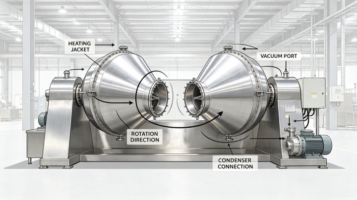 double cone rotary vacuum dryer working principle diagram with jacket and vacuum system