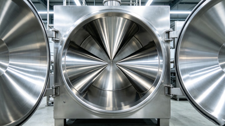 GMP-compliant polished interior of double cone rotary vacuum dryer easy cleaning