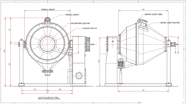 SZG series double cone rotary vacuum dryer dimensional drawing and installation layout