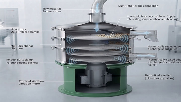 Dahan Machinery Ultrasonic Closed System Vibrating Sifter Working Principle Cutaway Diagram showing anti-blinding mesh activation
