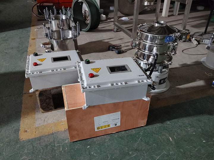 Advanced ultrasonic control cabinets for vibrating screens undergoing quality calibration.