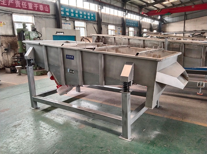 A completed Dahan heavy-duty stainless steel linear vibrating screen undergoing final assembly