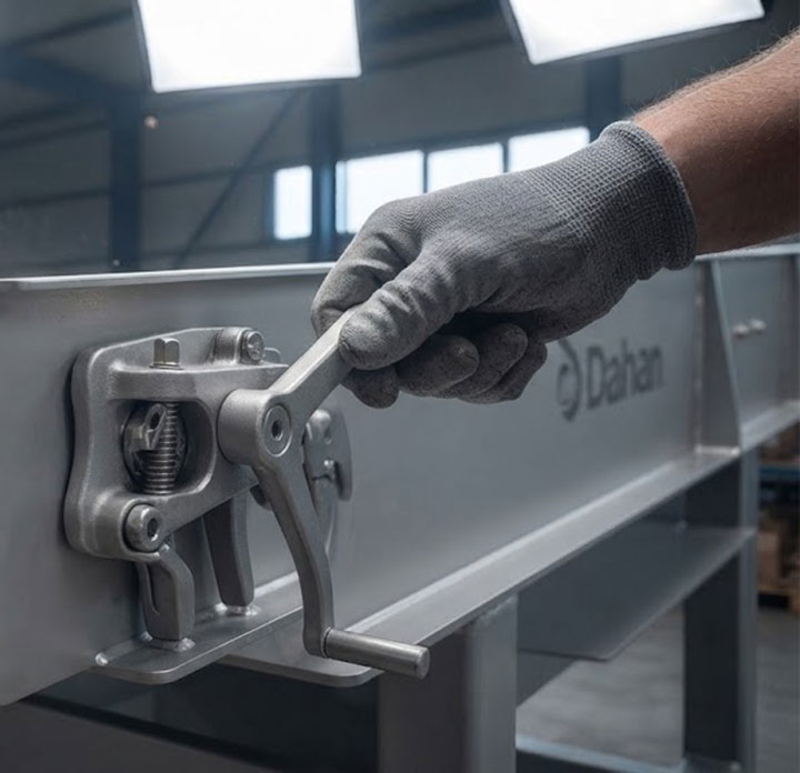 Close-up of the locked quick-release screen tensioning mechanism on a Dahan linear vibrating screen. The precision-cast stainless steel handle is in the secure, operational position, highlighting robust engineering.