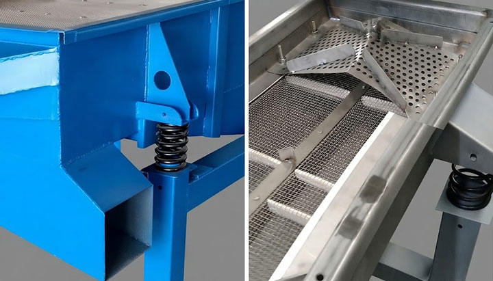 Combined exterior and detailed interior view of Dahan heavy-duty linear vibrating screen, showcasing robust blue steel construction and precision stainless steel deck.