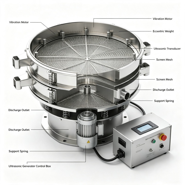 Cross-section diagram of circular motion ultrasonic vibrating screen showing motor, eccentric weights, ultrasonic transducer, and screen deck