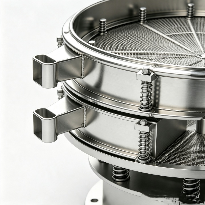 Close-up of ultrasonic transducer mounted on stainless steel screen frame of vibrating sifter
