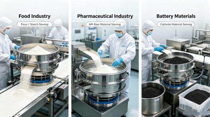 Circular ultrasonic vibrating screen processing wheat flour in food production line