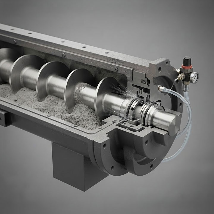 Close-Up Cutaway View of Industrial Screw Conveyor Air-Purged Shaft Seal Assembly Complete with Filter Regulator and Pressure Gauge
