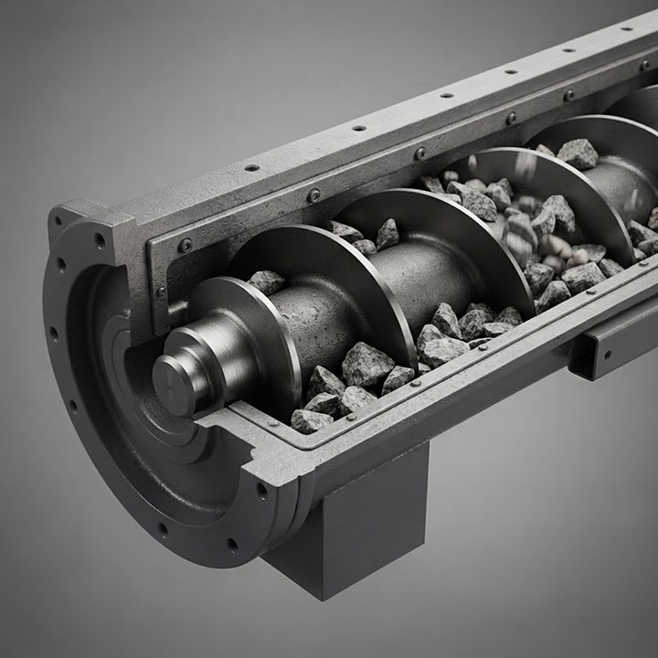Detailed 3D Cross-Section of Industrial Screw Conveyor Drive End Featuring Advanced Shaft Seal and Pneumatic Purge System