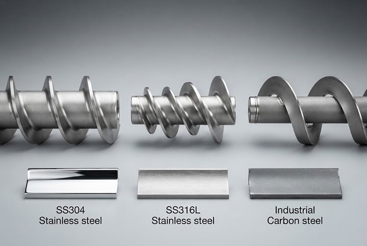 Industrial Screw Feeder Customizable Options: Comparison of Standard, Variable Pitch, and Ribbon Flights with SS304, SS316L, Carbon Steel Material Samples.