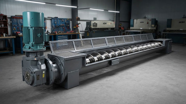Industrial Horizontal Screw Feeder with Heavy-Duty Gear Motor and Safety Mesh Cover in Manufacturing Workshop