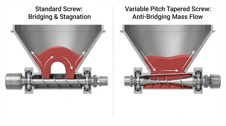 3D Cutaway Illustration Comparing Material Flow of Standard Screw vs Variable Pitch Tapered Screw Feeder beneath Silo Hopper