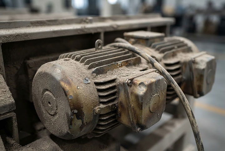 Close-up of a dual-vibration motor on a linear screen heavily caked with abrasive industrial dust, showing signs of paint discoloration and blistering from severe overheating.