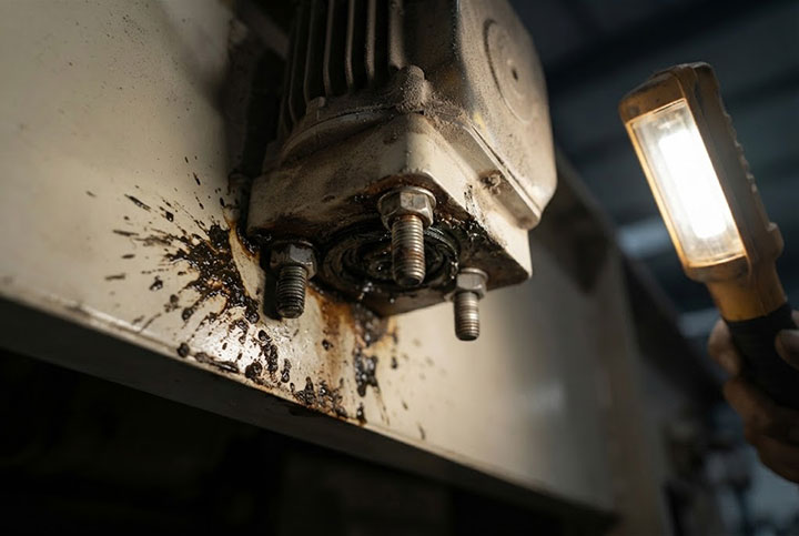 Extreme close-up of an industrial vibration motor's mounting foot, highlighting structural anchor bolts with signs of fretting corrosion and dark, degraded bearing grease leaking from the seal due to high G-forces.