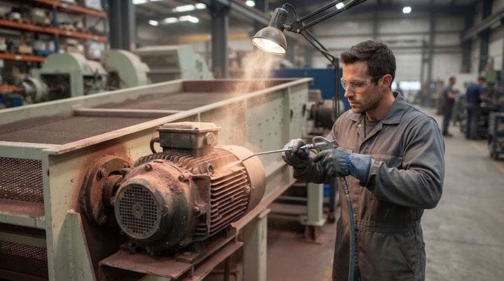 Maintenance technician wearing safety glasses and gloves using an air blow gun to clean heavy industrial dust from the cooling fins of a dual-vibration motor mounted on a large vibrating screen inside a factory.