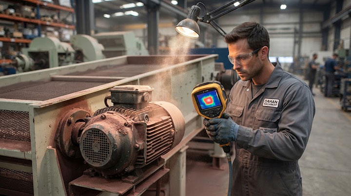 A plant operator in workwear and safety glasses uses an industrial infrared thermal imaging camera to inspect a running heavy-duty dual-vibration motor mounted on a vibrating screen in a factory, with the camera screen showing a clear red hotspot indicating a temperature spike.