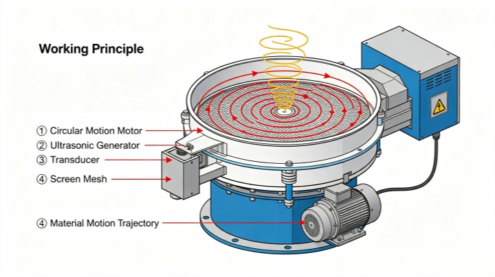Diagram showing dual-action principle: circular motion for material spreading and ultrasonic vibration for anti-blinding on a vibrating screen