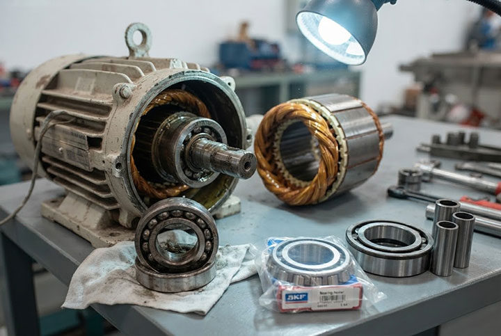 A close-up of a partially disassembled Dahan heavy-duty vibration motor on a clean workshop bench, contrasting a worn bearing against a new replacement bearing with installation tools, illustrating a cost-effective component overhaul.