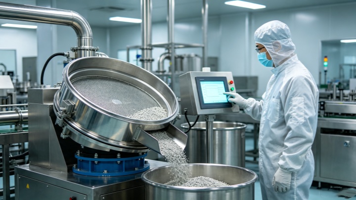 Circular motion ultrasonic vibrating screen in operation for battery material powder screening in a production facility