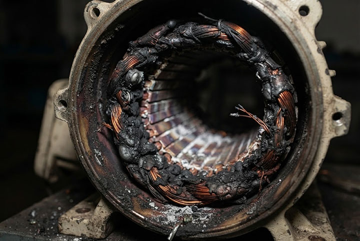 An extreme close-up photograph of the internal stator windings of a scrapped Dahan industrial vibration motor showing catastrophic failure, with copper coils completely charred and insulation melted due to extreme thermal overload, necessitating full replacement.