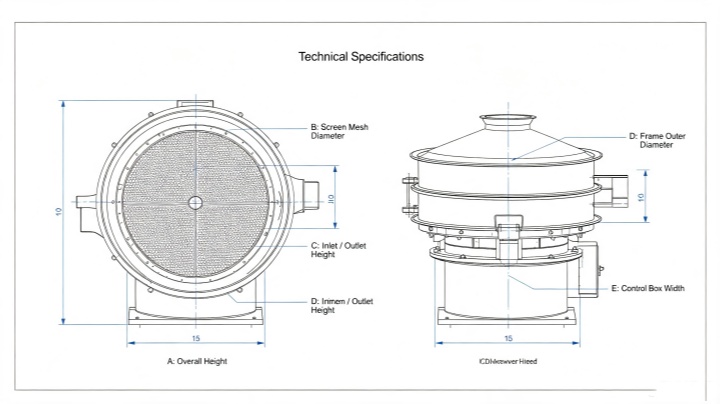 Technical drawing with dimensions for Circular Motion Ultrasonic Vibrating Screen models CZS-400 to CZS-1500