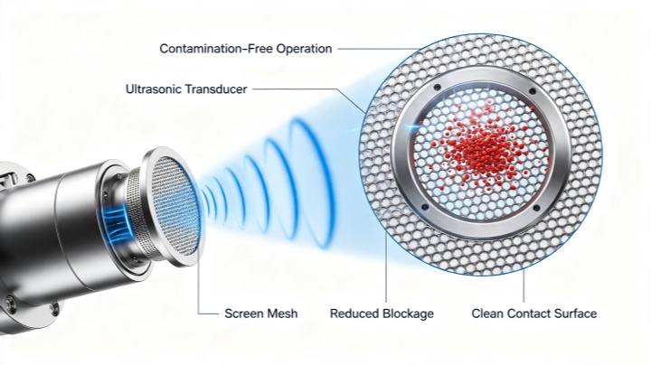 Close-up of ultrasonic transducer and screen mesh assembly on a circular motion vibrating sieve