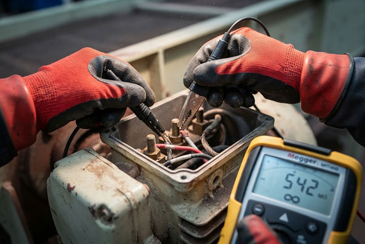 Extreme close-up of an electrical engineer's hands in high-voltage gloves connecting a yellow and black Megger insulation resistance tester (megohmmeter) to the terminals of a heavy-duty vibration motor, with a clear 542 MΩ reading visible.