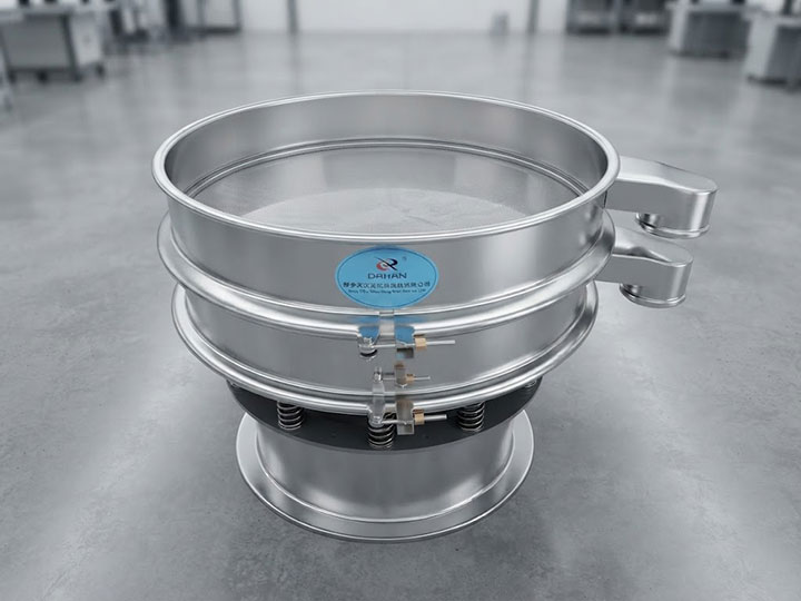 A close-up of a Dahan stainless steel rotary vibrating screen designed for high-capacity fine powder screening.