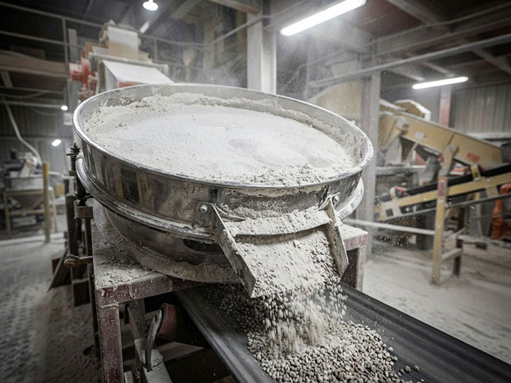 An industrial photograph of a rotary vibrating screen experiencing severe material blinding, with heavy accumulation on the mesh and blocked discharge ports.