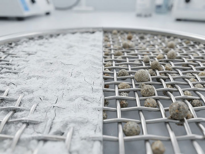 A detailed macro laboratory photograph comparing mesh blinding and pegging on a stainless steel screen. The left side shows cohesive powder blinding, while the right side shows mechanical particle pegging.