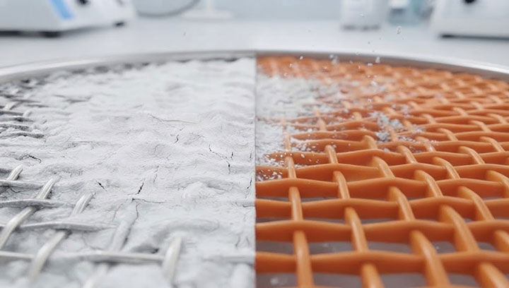 A detailed macro photograph comparing traditional steel wire mesh (left) with a modular polyurethane screening panel (right). The polyurethane panel is captured mid-vibration, actively shedding cohesive fine powder to demonstrate its superior anti-blinding and self-cleaning properties compared to the sticky steel mesh.
